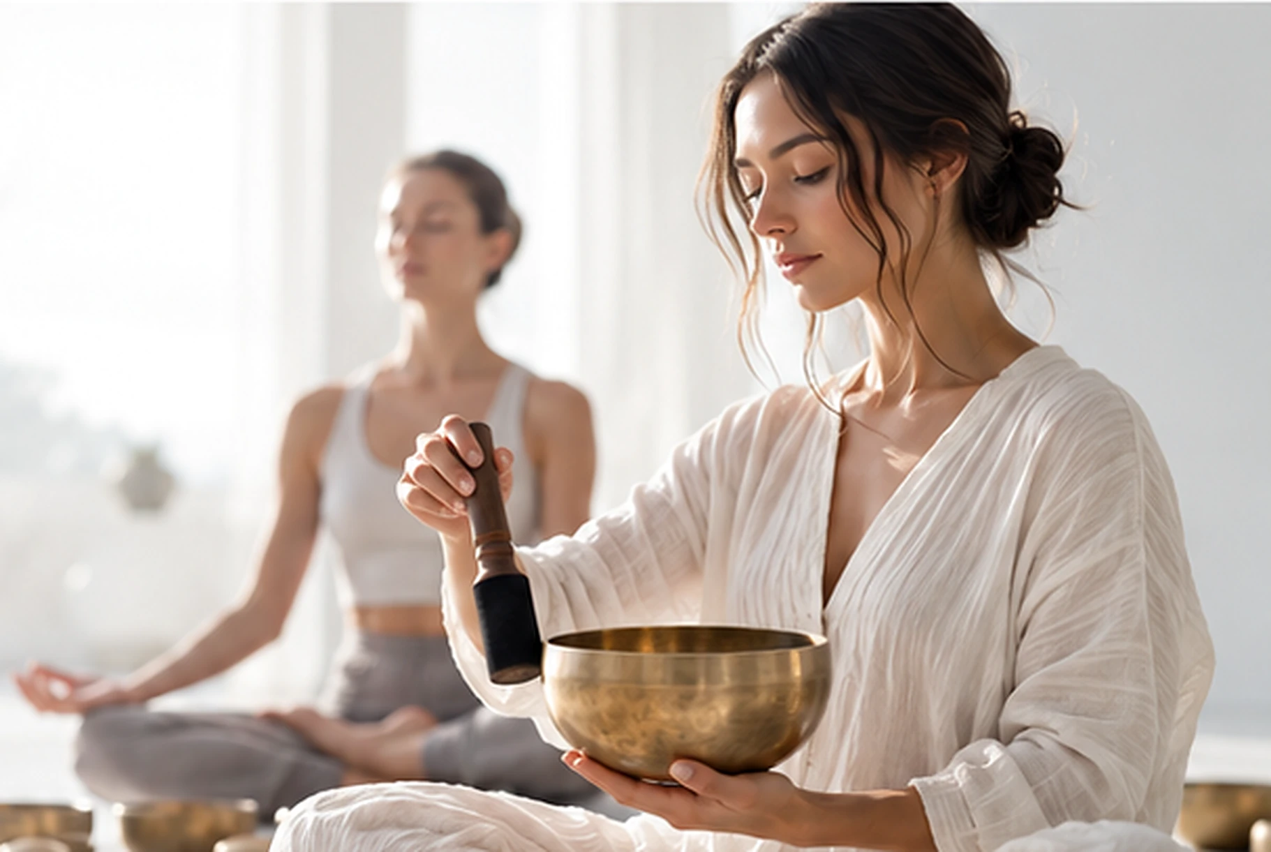 Two women in a peaceful singing bowl and meditation practice