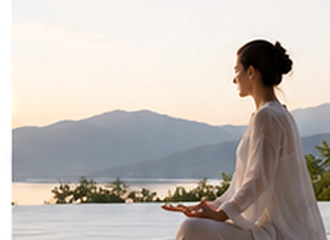 Woman reflecting beside a tranquil mountain landscape